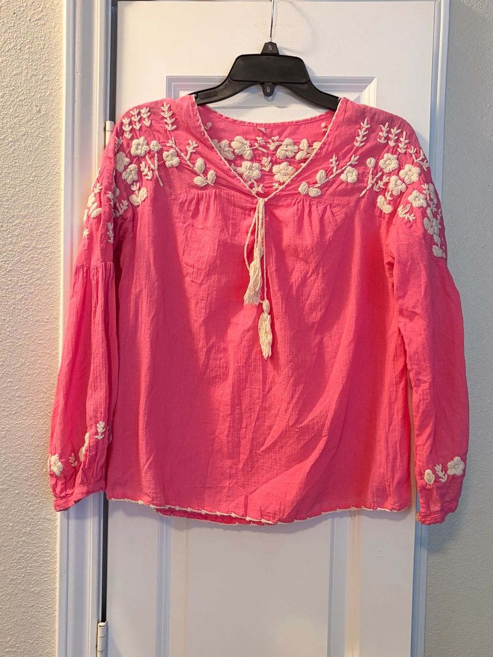Pink Embroidered Peasant Tunic with Tassel Tie